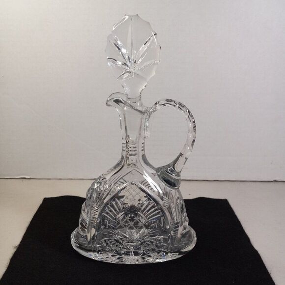 Clear Crystal Decanter with Handle large Flat Shaped Stopper Barware Cottagecore - Picture 1 of 9